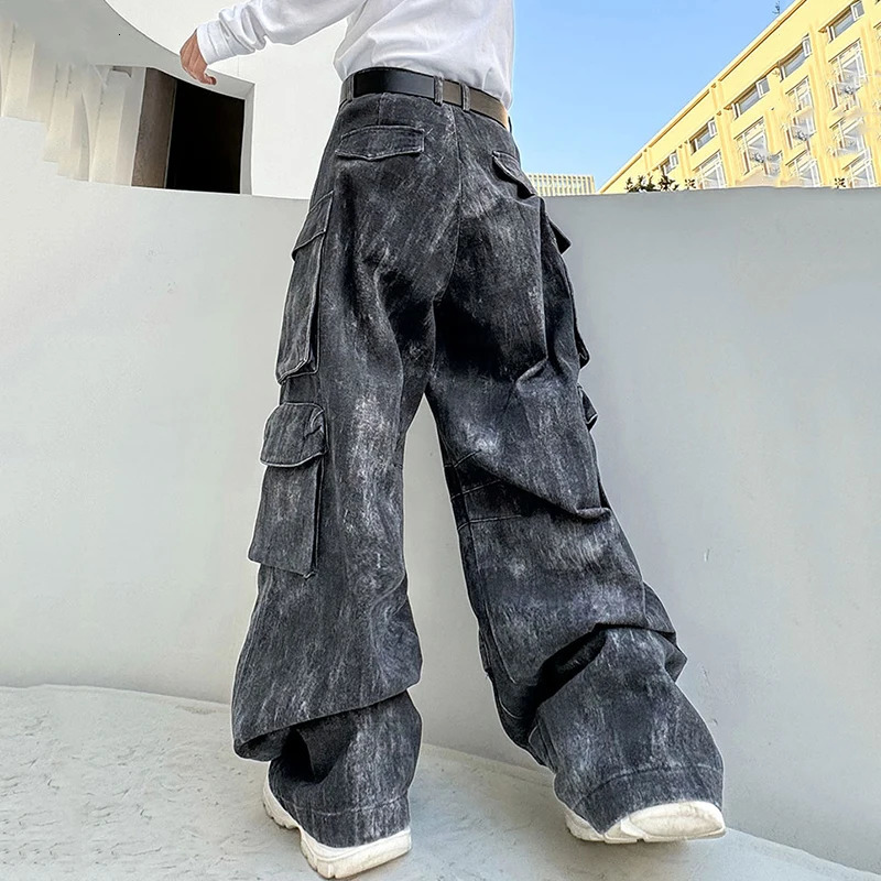 FEWQ Washed Mens Wide Leg Pant Multipockets Male Straight Trousers Casual Gradient Color Niche Design Spring Trendy 9C4400 240806
