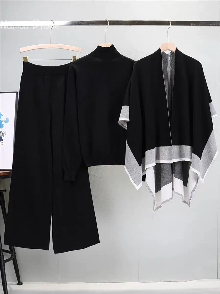 Korean elements Fashion Three-piece Set for Women Autumn Knitted Long-sleeved Sweater Shawl Sports Casual Pants Suit 240807
