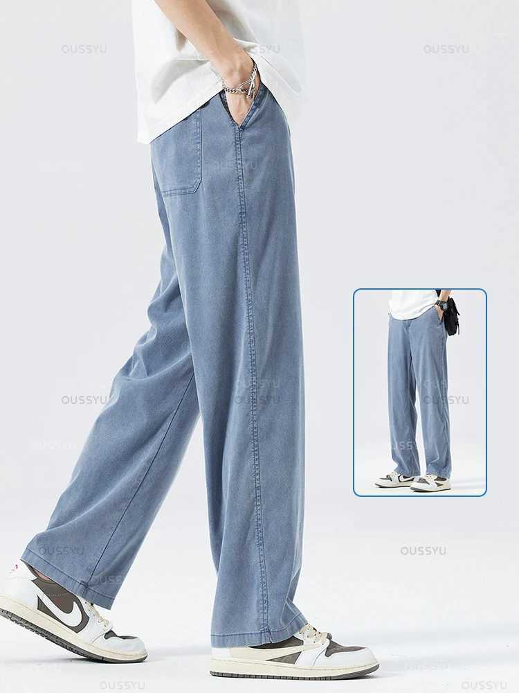 Summer Ultrathin Soft Lyocell Fabric Mens Jeans Breathe Loose Straight Pants Elastic Waist Korea Casual Trouser Plus Size M-5XL M250610