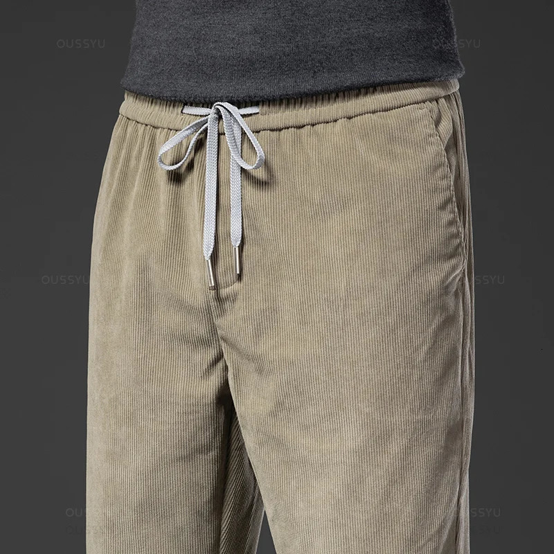 Four Seasons Corduroy Pants Men Drawstring Elastic Waist Business Loose Straight Korea Casual Trousers Male Oversized M5XL 240806