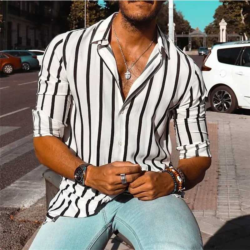 Mens Shirt Button Up Shirt 6XL Summer Shirt Yellow Long Sleeve Striped Lapel Resort Shirt Fashionable Casual ComfortableM240807