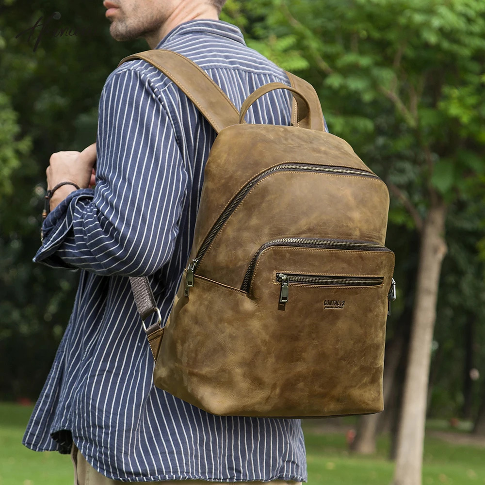 Vintage genuine denim leather mens backpack travel camping business school office large capacity laptop bag 240807