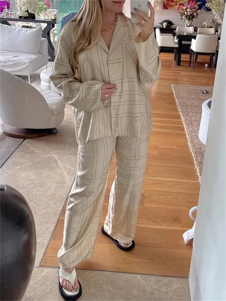Tossy casual decal print 2-piece set for womens Trouser fashion collar shirt evening dress ultra-thin high waisted womens pants set240806