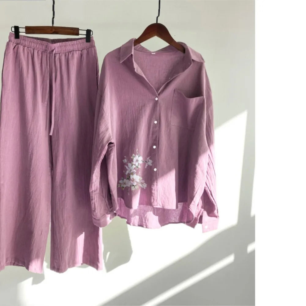 Fashion Cotton Linen Printed Long-sleeved Shirt Womens Suit Spring Autumn Casual Loose Wide-leg Pants Elegant Female 2piece Set 240807