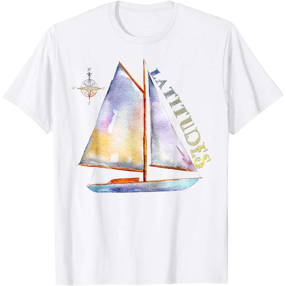 Mens T shirt Watercolor Sailboat with Compass and LATITUDES Sailing T-Shirt shirts tshirt graphic tee Casual tops summer clothes Short sleeve Free shi