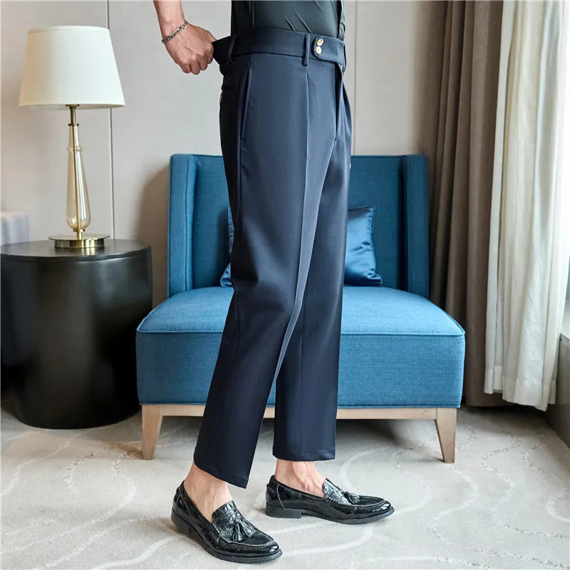 Suit Pants For Men High Quality Elastic Waist Slim Fit Mens Dress AllMatch Full Length Business Formal Wear Trousers 240806