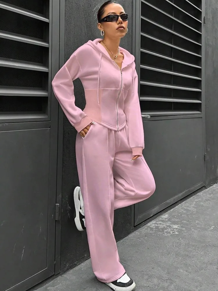 Autumn and winter hooded cardigan womens suit solid color fashion mouth slim casual sports pants two-piece set Female 240807