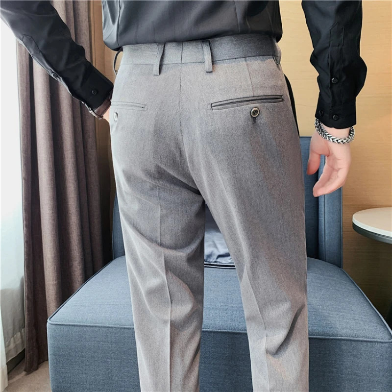 Style W Men Noniron Fabric Dress Pants Slim Straight Black White Casual Suit Trousers Male Business Little Feet 240806
