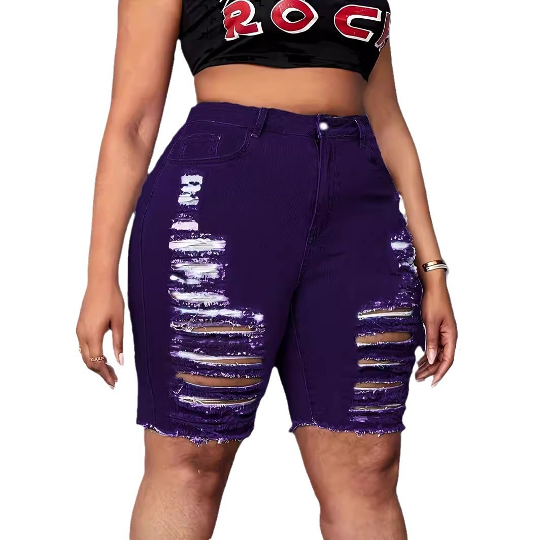 Fashion and casual plus size women's clothing with holes, high waist, washed denim shorts, shorts