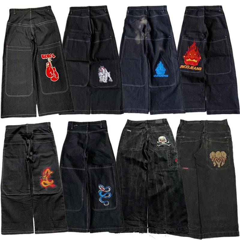 Y2K JNCO high quality Embroidered Hip Hop baggy jeans Tribal Jeans Gothic Streetwear Haruku Black Pants Waist Wide Leg Trouser 240806