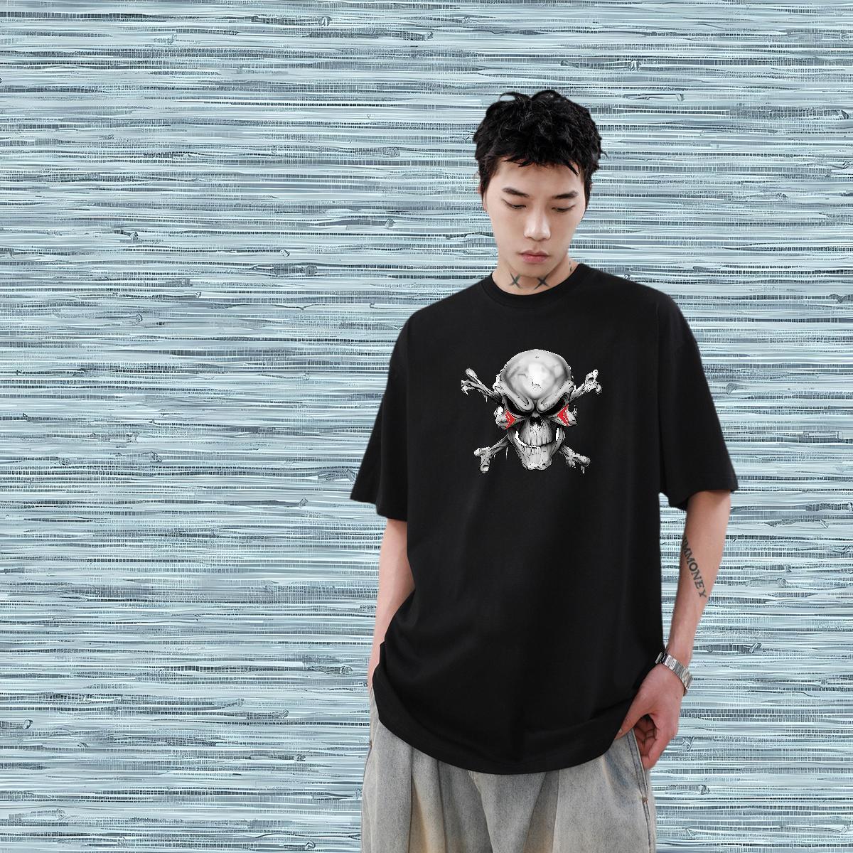 Wholesale T-Shirts skull Tshirts 230g Cotton Casual Soft Anime Print Crew Neck Breathable Men Tops Tees