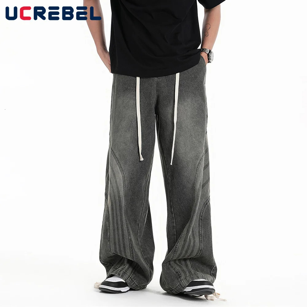 Spliced Wide Leg Jeans Mens High Street Washed Distressed Loose Denim Drawstring Jogger Pants Men 240806
