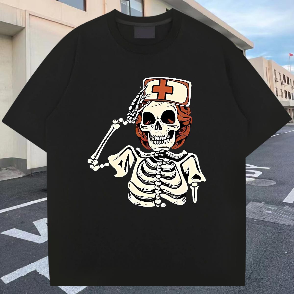 2024 Summer Man T Shirts skull Clothes 230g Pure Cotton Street Wear Cool Cartoon Print Crew Neck Breathable Tshirts