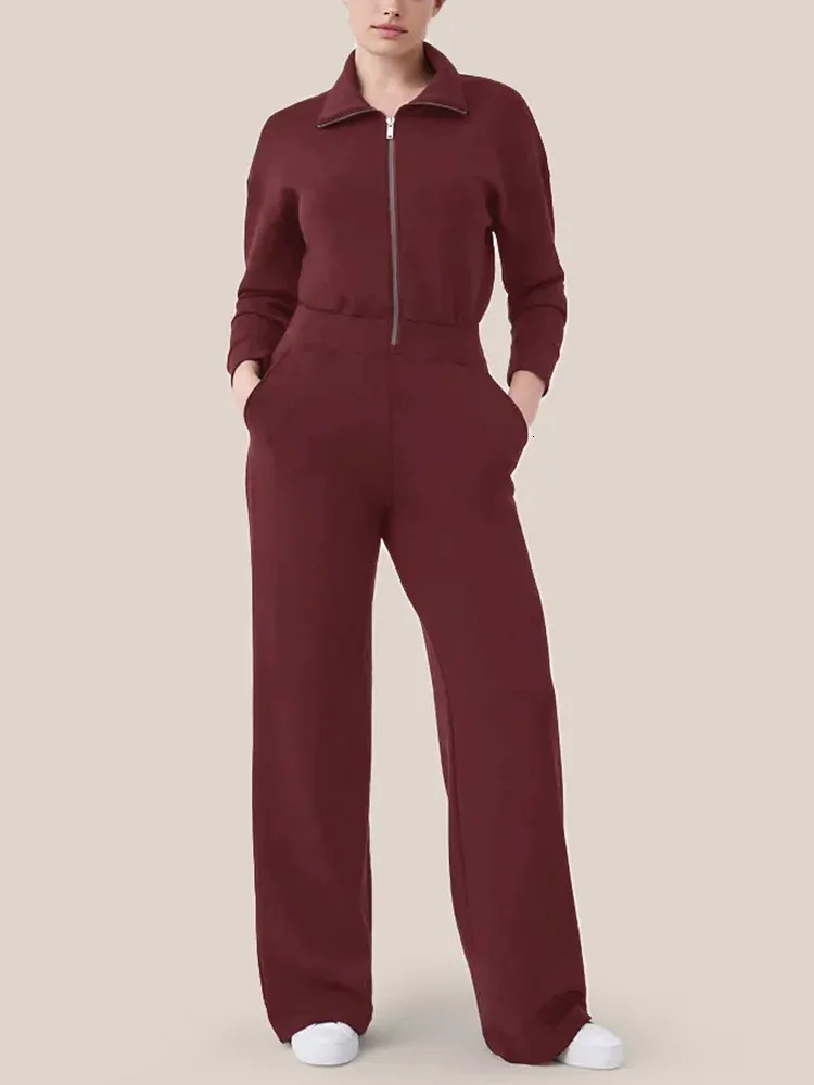Fall And Winter Flip Collar Half-Zip Sweatshirt Wide Leg Sweatpants Two-Piece Sweater Set Womens Sports Suit 240807 - view 7
