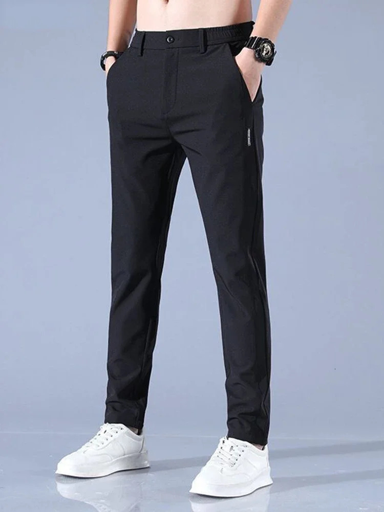 Mens Summer Silk Casual Pants Straight Loose Elastic Thin Quick Drying Youth Sports Breathable 240809