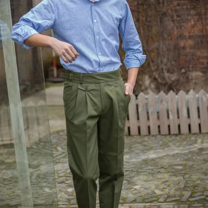 Vintage Green Gurkha Pants For Men Adjustable Waist Buckle Cotton Naples Trousers Fashion Casual Loose AnkleLength Cargo 240806