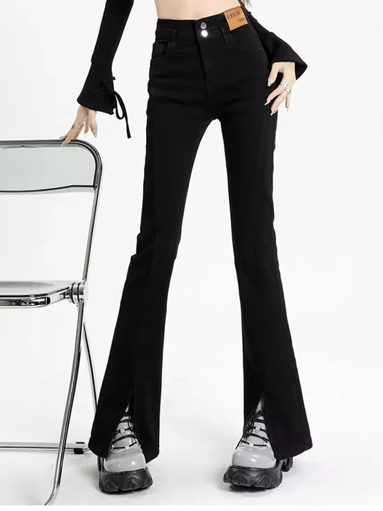 Women Black High Waist Jeans Fashion High Street Side Slit Bell Bottom Flare Pants Girls Gothic 90s Vintage Y2k Denim Trousers 240807