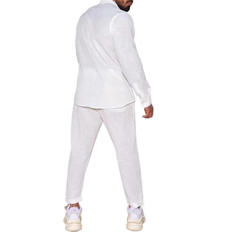 Mens Linen Spring and Autumn Suit Casual Long-sleeved Shirt Fashion Cargo Pants Sports Two-piece Set 240806