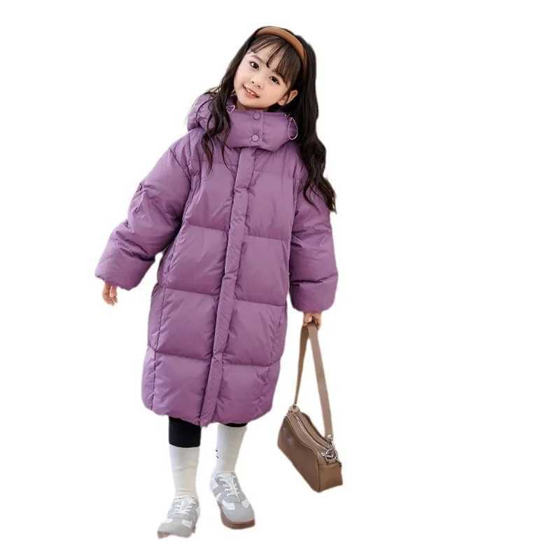 Winter Boys Girls Down Jacket Long Style Purple/Black Parka Coat Hooded Zipper Outerwear Birthday Gift Kids Cotton Clothes 5-14Y Y240803