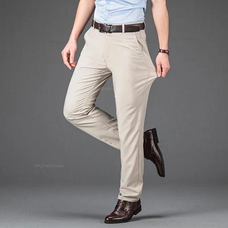 Style of Summer Thin Fashionable Casual Pants for Men Elastic Straight High Waist Business Trousers Korean Male 240806