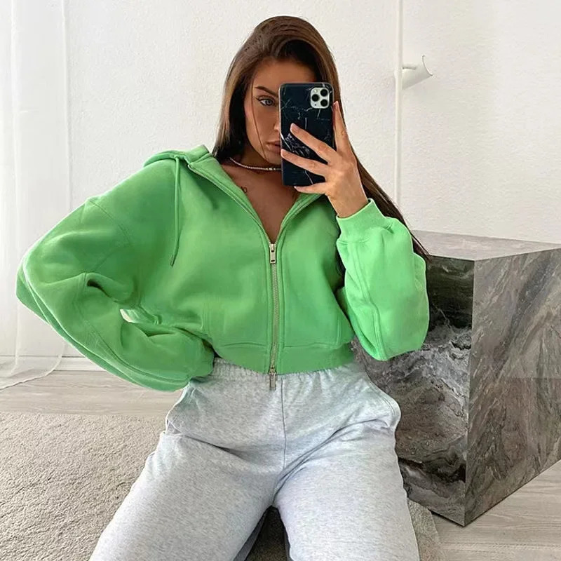 2024 fashion streetwear neon green sportswear casual cotton zipper long sleeved top solid navy blue drawstring cut hooded women240806