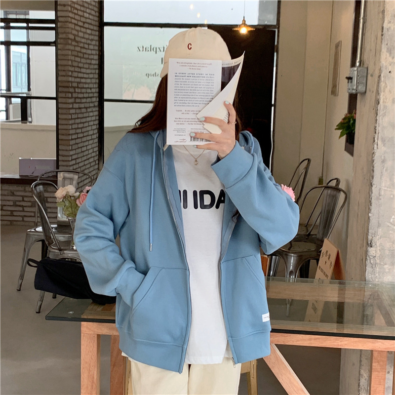 Spring and autumn loose zippered long sleeved for Korean version solid color hooded hoodie, student women's cardigan small jacket