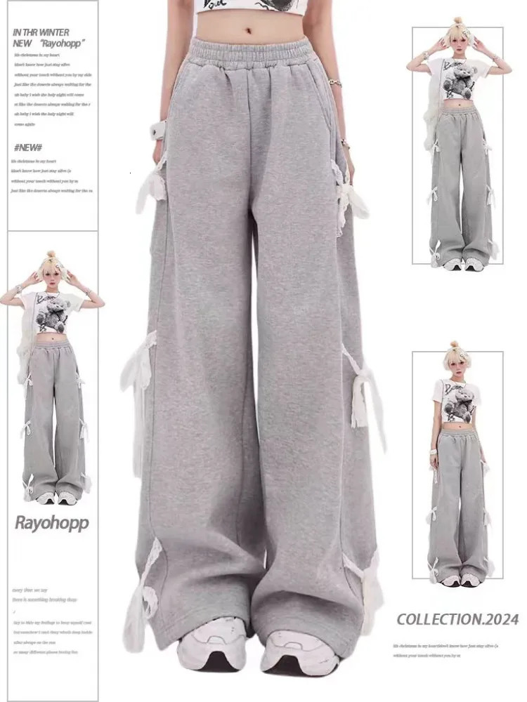 Womens Grey Lace Lace-up Pants Vintage Y2k Harajuku 90s Aesthetic Sweatpants Retro High Waist Wide Trousers 2000s Clothes 240821