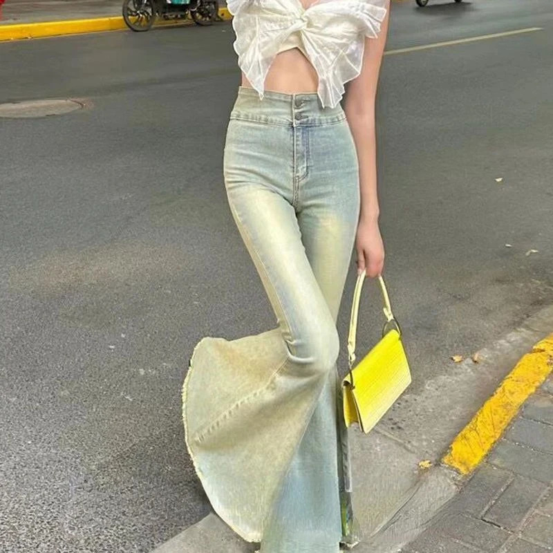 Retro High Waisted Trendy Street Cool Large Flared Jeans for Women Spring Slim Fit with Elastic Wide Legs Sweep Floor Long Pants 240807