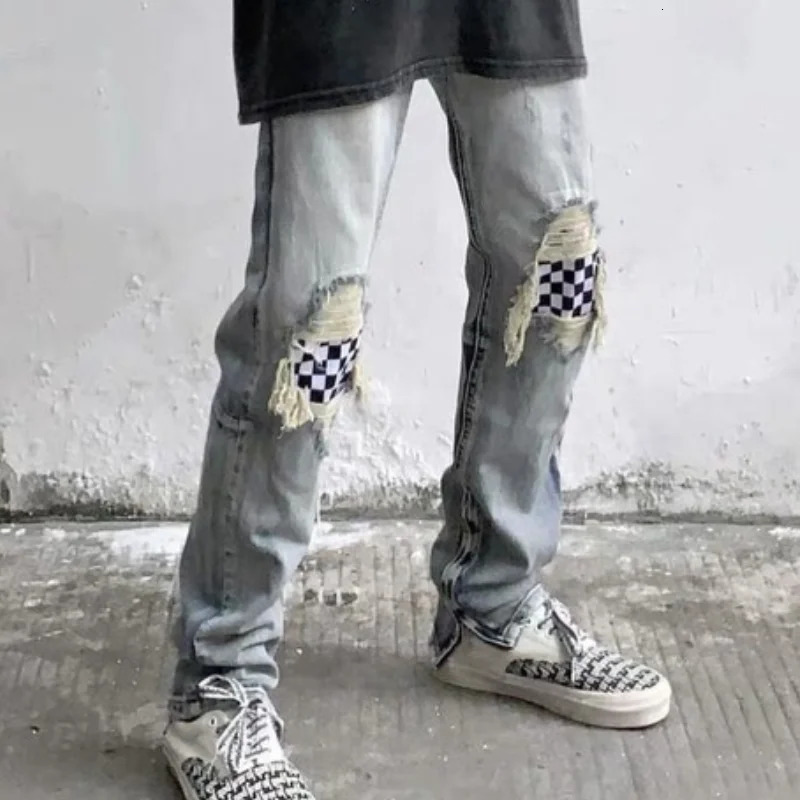 Patchwork Jeans Means Embroidery Skinny Locomotive High Street Washed Broken Hole Ripped Denim Hip Hop Jogger Pencil Pants 240806
