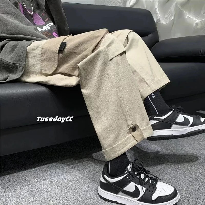 Vintage MultiPocket Loose Straight Overall Ins American Vibe Fenggao Street Men Versatile Assault Mop Pant 240806