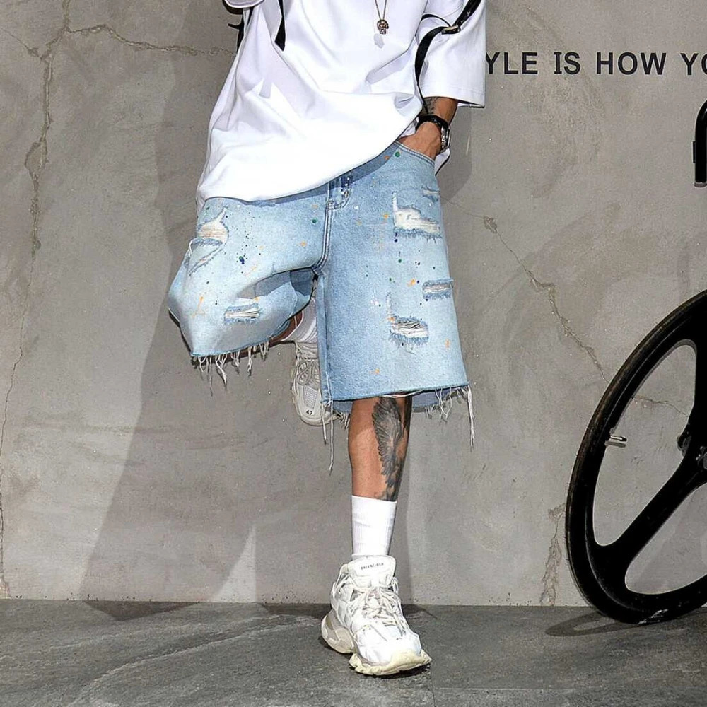 American Streetwear Ripped Denim Shorts For Men Korean Fashion Baggy Jorts Kpop Blue Shorts Summer Trend Skateboard Pants Male 240806
