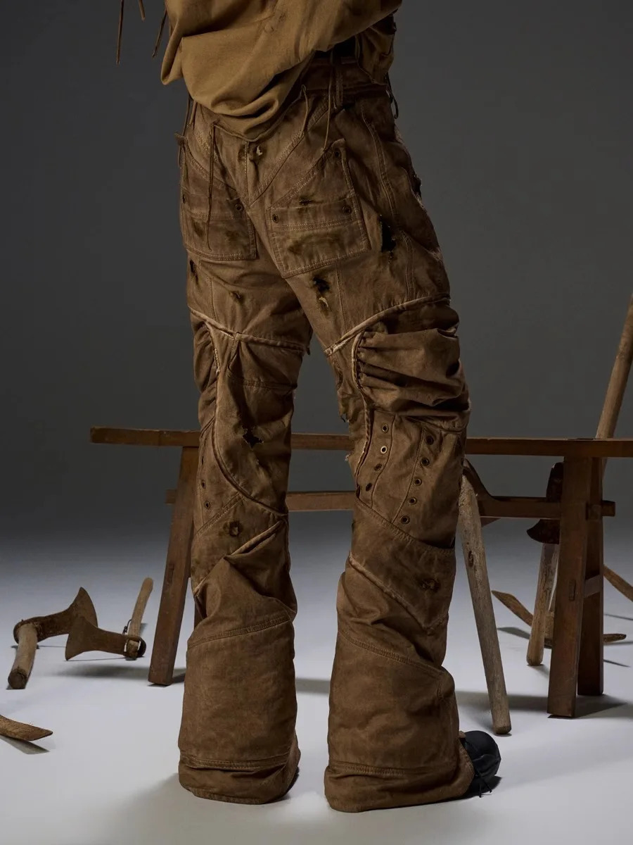Style Men Washed Distressed Cargo Pants Dirty Dyeing High Waisted Straight Trousers 240806
