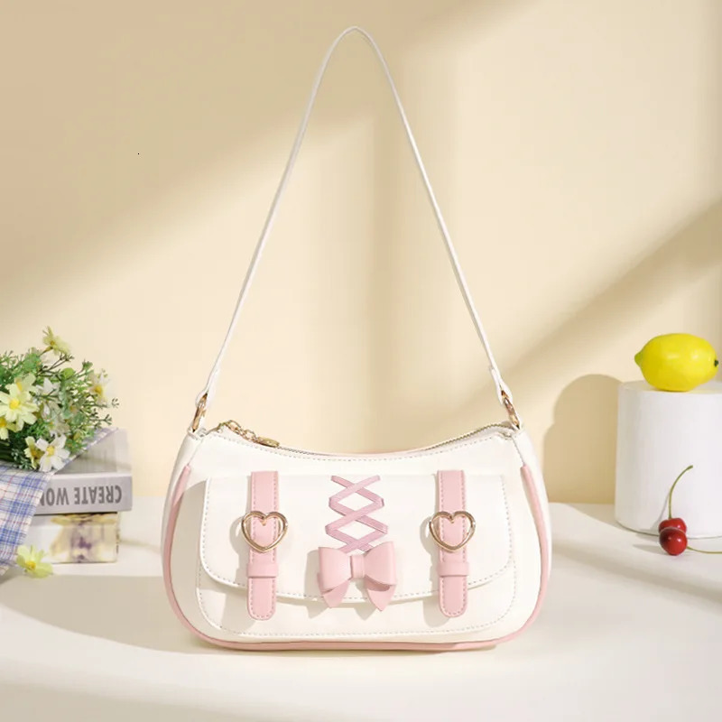 Lolita Shoulder Bags for Women Cute Bow Jk Sweet and Kawaii Lipstick Purses and Handbags All-match Leather Underarm Bag Sac 240805