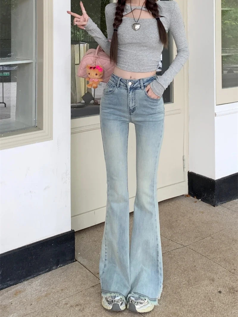 Womens Bootcut Flare Denin Jeans Raw HemStretch High Waisted Elegant Slim Curvy Strtchy Jean Bell Bottomkorean y2k clothing 240807