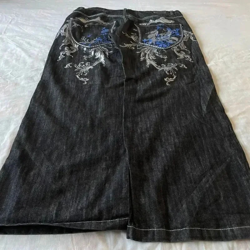 American Retro Jeans Y2K Large Pattern Denim Loose Gothic High Waist Wide Pants Street Clothing 240819