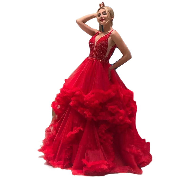 Ruffles Tiered Red Prom Dresses Beading Top V-Neck Sleeveless Straps Long Tulle Celebrity Party Dress For Women 2024 Open Back Charming Birthday Eveni