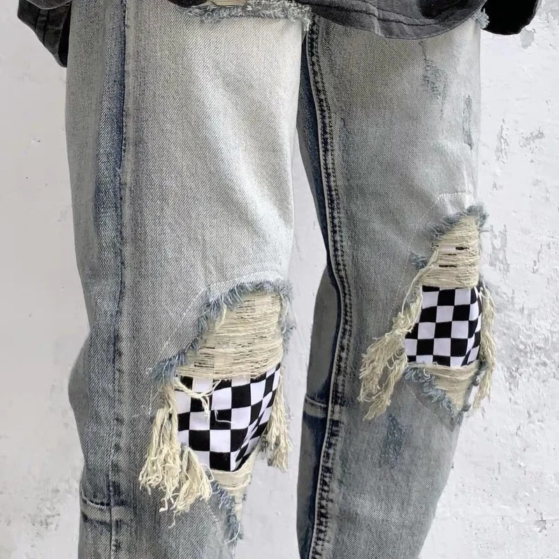 Patchwork Jeans Means Embroidery Skinny Locomotive High Street Washed Broken Hole Ripped Denim Hip Hop Jogger Pencil Pants 240806