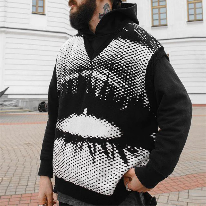 Knitted Tank Top Men 2023 Winter VNeck Sleeveless Vest Gothic Jacquard High Quality Y2K Knitwear Sweater Clothing Kpop 240807