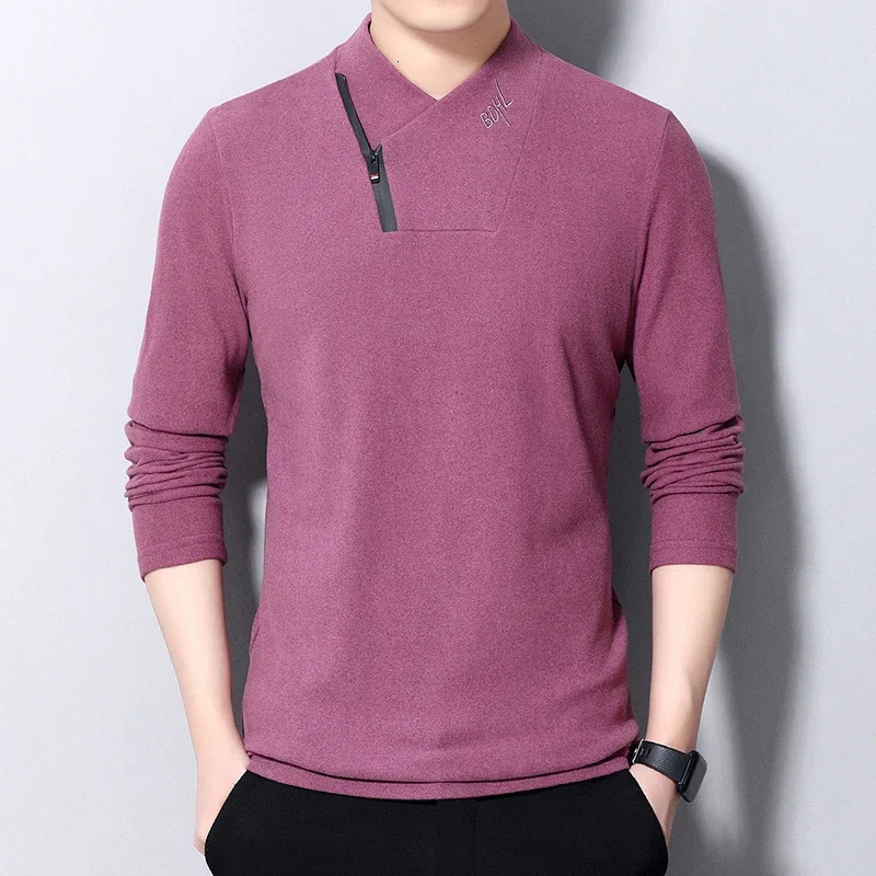 Mens Casual Suede Long Sleeve Polo Shirt Fashion Solid Polo Top 240814