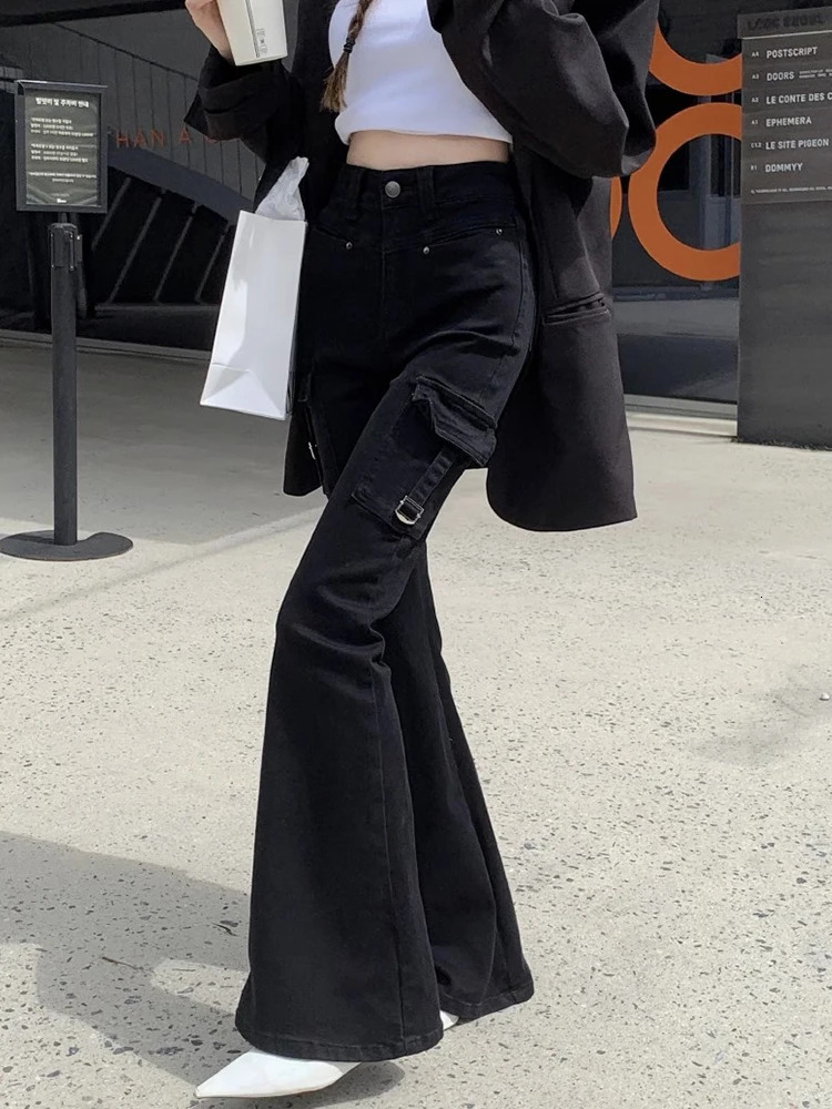 Women Japanese Streetwear Low Rise Flare Jeans 2000s Aesthetic Y2k Black Denim Pants Bell Bottom Gyaru Harajuku Fashion Vintage 240807