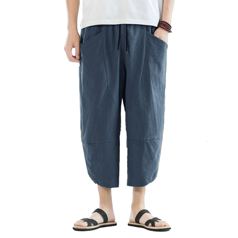 Men Cotton And Linen Pants Summer Thin Casual Beach Loose Shorts Harajuku Hip Hop Samurai Pant 240806