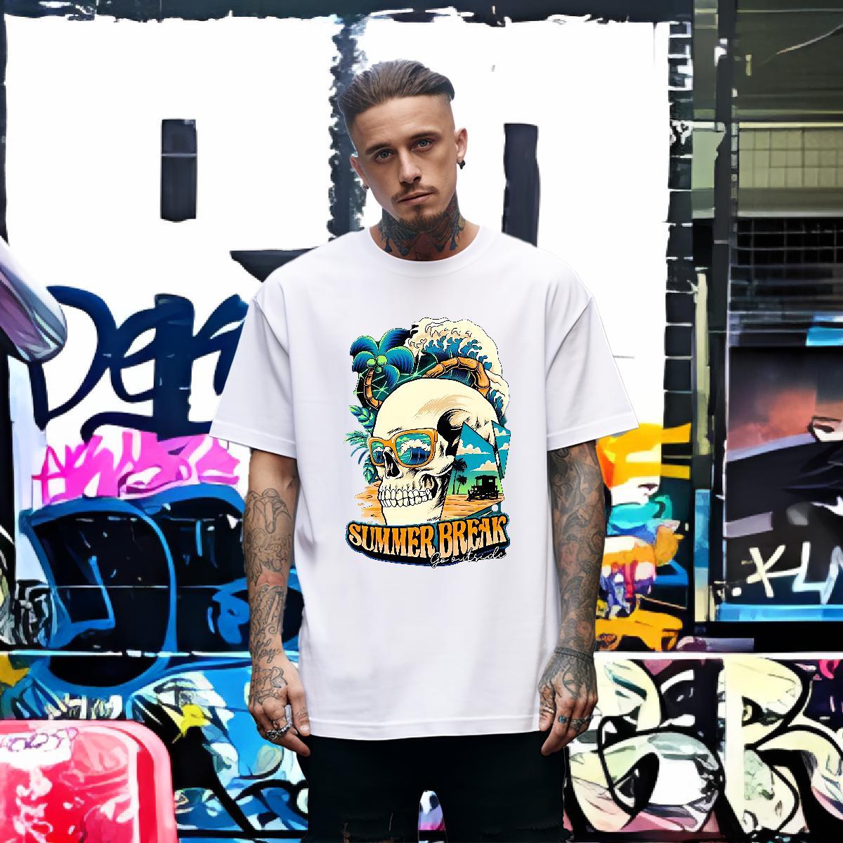 DIY Men T Shirts sea wave Tops Tees 230g 100% Cotton Outdoor High Quality White Plus Size Short Sleeve O-Neck Men Tees