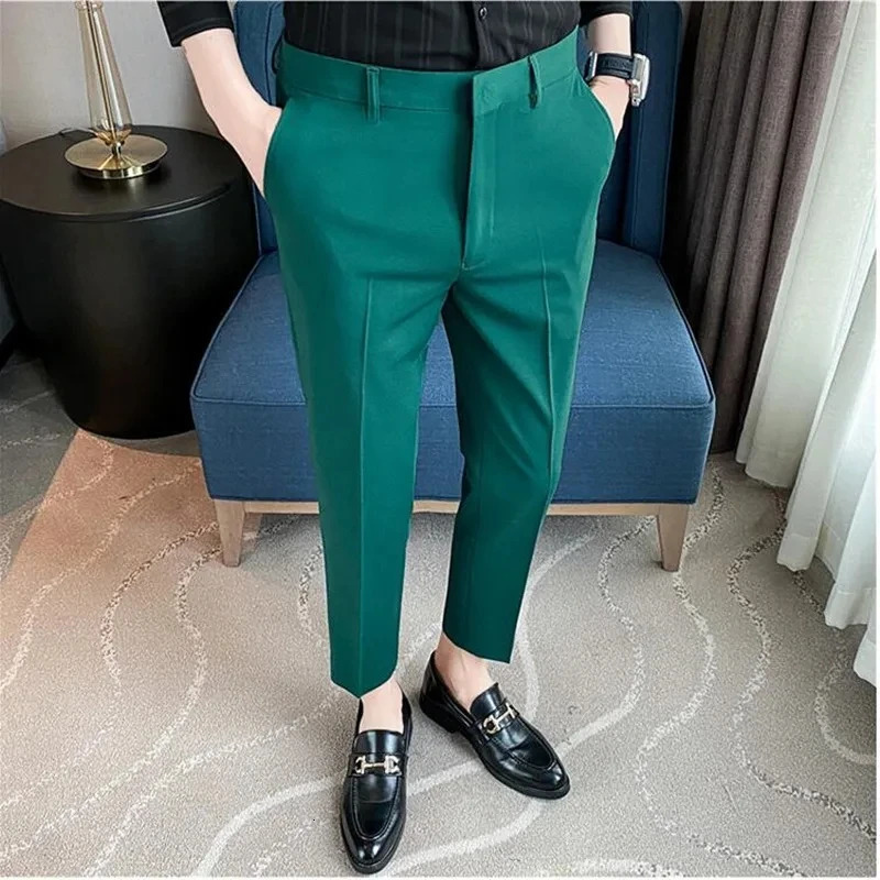 British Style Solid High Waist Trousers Men Formal Quality Slim Fit Business Casual Suit Pants Groom Wedding Dress 240806