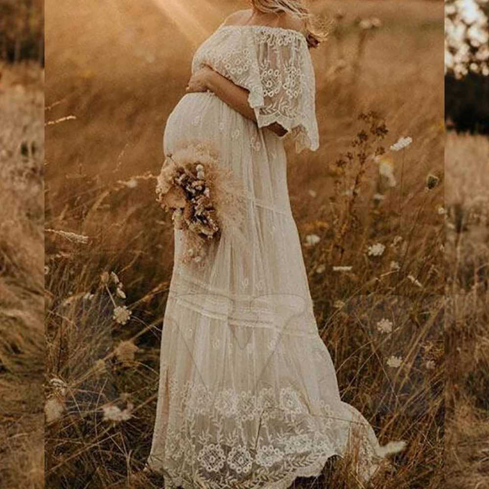 Pregnancy Dress For Baby Showers Ruffled Off Shoulder Lace Embroidered Bohemian Maxi Dress Maternity Photography GownY240806