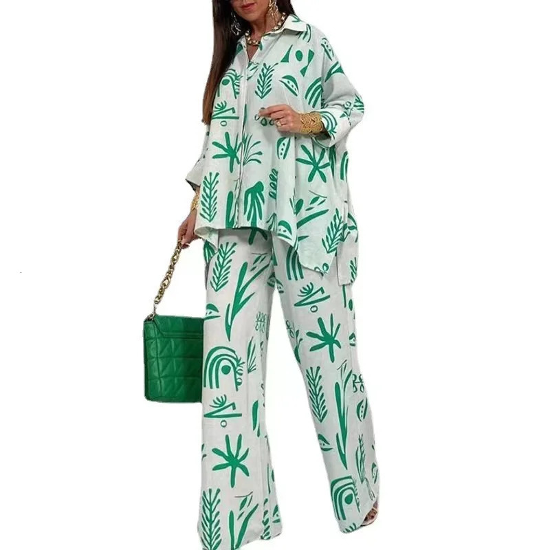 Autumn Wide Leg Pants Two Piece Sets Outfits Womens Spring Long Sleeve Button Down Shirt Suit Casual 2pcs Set For Female 240807