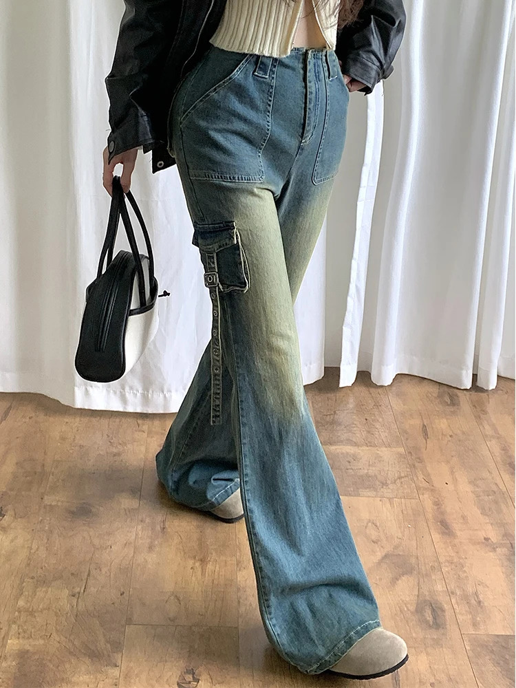 Women Korean Vintage High Waist Denim Pants Kpop Flare Jeans Gyaru Bell Bottom Jeans 2000s Aesthetic Grunge Y2k Streetwear Punk 240807