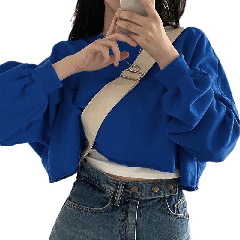 Short hoodie women's autumn solid color new loose fitting open navel round neck top