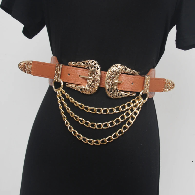 Double Vintage Curving Metal Buckles PU Waist Belt For Women Multi-layer Chain Elastic Corset Dress Waistband240723