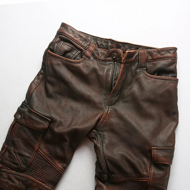 Mens Motorcycle Biker Genuine Leather Pants Real Cowhide Slim Pencil Design Men Cargo Trousers 240806