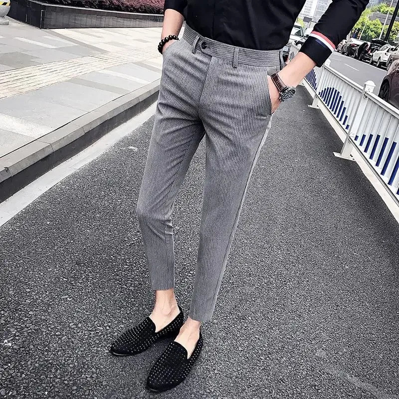 Business Man Suits Pants Striped Gray Trousers for Men Social Tailoring Spandex Up Vintage Korean Style Clothes Reviews Many 240806